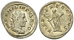 Philip I. AR Antoninianus, Fides reverse Philip I. Arabs (244-249 AD). AR Antoninianus (21-24 mm, 3.89 g), Rome. Obv. IMP PHILIPPVS AVG, Radiate, draped and cuirassed bust to right. Rev. FIDES EXERCIT