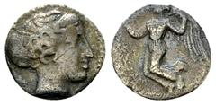 Terina AR Obol, c. 420-400 BC, very rare Bruttium, Terina. AR Obol (10 mm, 0.72 g), c. 420-400 BC. Obv. Head of Nymph Terina to right, hair bound with sphendone. Rev. Nike flying to left. Cf. HN Italy