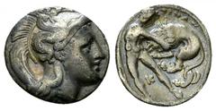 Tarentum AR Diobol, c. 380-325 BC Calabria, Tarentum. AR Diobol (11-12 mm, 1.13 g), c. 380-325 BC. Obv. Head of Athena right, wearing crested Attic helmet decorated with hippocamp; tiny A below chin. 