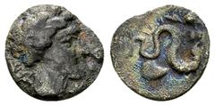 Allifae AR Obol, c. 325-275 BC, rare Campania, Allifae. AR Obol (9-10 mm, 0.60 g), c. 325-275 BC. Obv. Laureate head of Apollo to right, three dolphins around. Rev. Scylla swimming to right, holding s