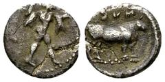 Sybaris AR Diobol, c. 453-448 BC Lucania, Sybaris. AR Diobol (11 mm, 1.14 g), c. 453-448 BC. Obv. Poseidon walking right with trident. Rev. Bull standing right, MYBA above (retrograde). HN Italy 1748.