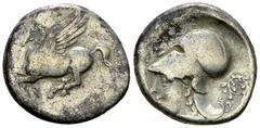 Corinth AR Stater, c. 375-300 BC Corinthia, Corinth. AR Stater (20-21 mm, 8.41 g), c. 375-300 BC. Obv. Pegasos flying left; Koppa below. Rev. Head of Athena left, wearing Corinthian helmet; A below, w
