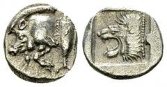 Kyzikos AR Diobol, c. 480 BC Mysia, Kyzikos. AR Diobol (11 mm, 1.21 g), c. 480 BC. Obv. Forepart of boar to left, tunny behind. Rev. Head of lion to left. SNG France 376; Von Fritze, Nomisma IX, Kyzik
