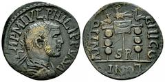Philip I AE25, Antiochia Philip I. Arabs (244-249 AD). AE25 (6.24 g), Antiochia, Pisida. Obv. IMP M IVL PHILIPPVS A, Radiate, draped and cuirassed bust to right. Rev. ANTIOCHI COLONI / S R, Vexillum s