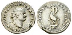 Titus AR Denarius, Dolphin reverse Titus (79-81). AR Denarius (18 mm, 3.25 g), Rome, c. 80. Obv. IMP TITVS CAES VESPASIAN AVG P M, Laureate head ro right. Rev. TR P IX IMP XV COS VIII P P, Dolphin coi