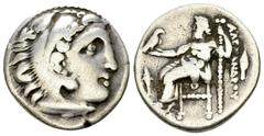 Alexander III AR Drachm, Kolophon Kings of Macedon. Alexander III 'the Great' (336-323 BC). AR Drachm (17-18 mm, 4.08 g). Kolophon mint, c. 322-319 BC. Obv. Head of Herakles right, wearing lion's skin