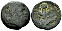 Cyrene AE24, Koinon isssue, c. 250 BC Cyrenaica, Cyrene. AE 24 (10.60 g), Koinon issue, c. 250 BC. Obv. Diademed head of Zeus Ammon to right. Rev. KOINON, Silphium plant with four leaves. BMC 22; SNG 