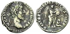 Commodus AR Denarius, Victory and captive reverse Commodus (177-192 AD). AR Denarius (17 mm, 3.29 g), Rome, 183/184 AD. Obv. M COMMODVS ANTON AVG PIVS, Laureate head to right. Rev. P M TR P VIIII IMP 
