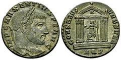 Maxentius AE Nummus, Aquileia Maxentius (306-312 AD). AE Nummus (23 mm, 6.77 g), Aquileia, late Summer 307. Obv. IMP C MAXENTIVS P F AVG, Laureate head to right. Rev. CONSERV VRB SVAE, Roma seated lef