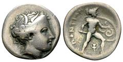 Ancient Coins Lokri Opuntii AR Hemidrachm, c. 330s BC Lokris, Lokri Opuntii. AR Hemidrachm (16 mm, 2.43 g), c. 330s BC. Obv. Wreathed head of Persephone to right. Rev. Ajax advancing right, nude but f
