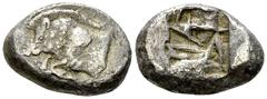Ancient Coins Lycia AR Stater, c. 520-480 BC Lycia, Uncertain dynast. AR Stater (15-21 mm, 9.41 g), c. 520-480. Obv. Forepart of boar to left. Rev. Incuse square with triangular indentation on one sid