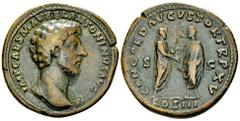 Ancient Coins Marcus Aurelius AE Sestertius Marcus Aurelius (161-180 AD). AE Sestertius (34-35 mm, 28.09 g), Rome, 161. Obv. IMP CAES M AVREL ANTONINVS AVG P M, Bare head to right, drapery on left sho