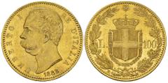 World Coins Umberto I, AV 100 Lire 1883 R Italia. Umberto I, Re d'Italia (1878-1900). AV 100 Lire 1883 (35 mm, 32.27 g), Roma. D. UMBERTO I RE D'ITALIA, Testa a sinistra; sul taglio del collo SPERANZA