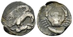 Ancient Coins Akragas AR Hemidrachm, c. 420-410 BC Sicily, Akragas. AR Hemidrachm (16 mm, 1.78 g), c. 420-410 BC Obv. Eagle to right, clutching dead hare in its talons. Rev. Crab; fish to right below.