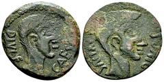 Ancient Coins Octavianus and Divus Julius Caesar AE imitative dupondius Octavianus and Divus Julius Caesar. AE imitative Dupondius (26-27 mm, 6.45 g), after 38 BC. Obv. DIVI F CAESAR, Bare head of Oct