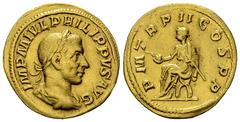 Philippus I Aureus, Emperor on curule chair reverse Philippus I Arabs (244-249 AD). Aureus (19-20 mm, 3.84 g), Rome, 245. Obv. IMP M IVL PHILIPPVS AVG, Laureate, draped and cuirassed bust to right, se