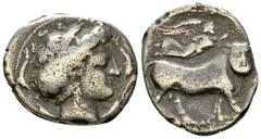 Neapolis AR Didrachm, c. 320-300 BC Campania, Neapolis. AR Didrachm (19-21 mm, 6.91 g), c. 320-300 BC. Obv. Head of the nymph Parthenope to right, wearing diadem, earrings and necklace; around, four d