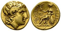Lysimachos AV Stater, uncertain mint Kingdom of Thrace. Lysimachos (323-281 BC) and posthumous issues. AV Stater (18-19 mm, 8.34 g), uncertain mint, 3rd century BC. Obv. Diademed head of deified Alexa