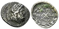 Aigion AR Triobol, c. 37-31 BC Achaia, Achaian League. Aigion. AR Triobol (15-18 mm, 2.31 g), c. 37-31 BC. Aristodamos, magistrate. Obv. AIΓIEWN, Laureate head of Zeus to right. Rev. API/CTO-ΔA/MOC in