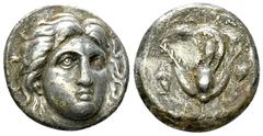 Rhodos AR Didrachm, c. 305-275 BC Islands off Caria, Rhodos. AR Didrachm (18 mm, 6.56 g), c. 305-275 BC. Obv. Head of Helios facing slightly right. Rev. ΡΟΔΙΟΝ, rose with bud to right. SNG Keckman 449