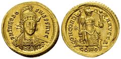 Theodosius II AV Solidus, Constantinople Theodosius II (402-450 AD). AV Solidus (21 mm, 4.35 g), Constantinople, 408-420. Obv. D N THEODOSIVS P F AVG, Helmeted, three-quarter facing bust, holding spea