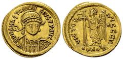 Anastasius I AV Solidus, Constantinople Anastasius I (491-518 AD). AV Solidus (20 mm, 4.46 g), Constantinople, c. 491-498. Obv. D N ANASTASIVS P P AVG, Helmeted, pearl-diademed and cuirassed bust thre