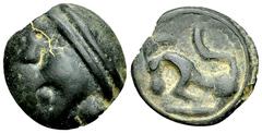 Ancient Coins Sequani AE cast potin Celtic Gaul. Sequani. AE cast potin (18 mm, 4.82 g), c. 70-40 BC. Obv. Celticized head with double headband to left. Rev. Horned animal with S-shaped tail advancing