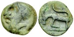 Ancient Coins Sequani AE cast potin Celtic Gaul. Sequani. AE cast potin (19-20 mm, 3.80 g), c. 70-40 BC. Obv. Celticized head with headband to left. Rev. Horned animal with S-shaped tail advancing lef