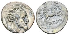 Ancient Coins L. Hostilius Saserna AR Denarius, 48 BC L. Hostilius Saserna. AR Denarius (18-19 mm, 2.88 g), Rome, 48 BC. Obv. Bearded male head to right, his hair straggling out behind him; cloak arou