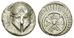 Mesambria AR Diobol, c. 450-350 BC Thrace, Mesembria. AR Diobol (10 mm, 1.13 g), c. 450-350 BC. Obv. Crested corinthian helmet facing. Rev. M - E - T - A in four quarters of wheel, surrounded by borde