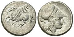 Corinth AR Stater, c. 375-300 BC Corinthia, Corinth. AR Stater (21 mm, 7.86 g), c. 375-300 BC. Obv. Pegasus flying left, Ϙ below. Rev. Head of Athena to right, wearing Corinthian helmet; behind, monog