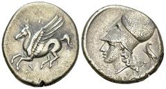 Corinth AR Stater, c. 375-300 BC Corinthia, Corinth. AR Stater (20-23 mm, 8.43 g), c. 375-300 BC. Obv. Pegasus flying left; Ϙ below. Rev. Head of Athena to left, wearing laureate Corinthian helmet; be