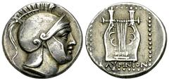 Kalymna AR Didrachm, c. 260/250-205 BC Islands off Caria, Kalymna. AR Didrachm (18-19 mm, 6.54 g), c. 260/50-205 BC. Obv. Male head to right, wearing crested Attic helmet. Rev. KAΛYMNION, Kithara with