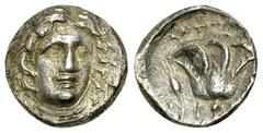 Rhodos AR Hemidrachm, c. 265-250 BC Islands off Caria, Rhodos. AR Hemidrachm (11 mm, 1.58 g), c. 265-250 BC. Antip[atros], magistrate. Obv. Radiate head of Helios facing slightly right. Rev. Rose with