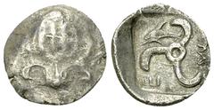 Mithrapata AR Diobol, c. 390-370 BC Dynasts of Lycia, Mithrapata. AR Diobol (13 mm, 1.13 g), c. 390-370 BC. Obv. Facing lion's scalp. Rev. Triskeles, dolphin above left; all within incuse square. Falg