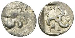 Mithrapata AR Diobol, c. 390-370 BC Dynasts of Lycia, Mithrapata. AR Diobol (12-13 mm, 1.20 g), c. 390-360 BC. Obv. Facing lion's scalp / Triskeles, astragalos to lower left; all within incuse square.