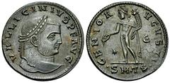 Licinius AE Nummus, Thessalonica Licinius I (308-324 AD). AE Nummus (25 mm, 6.70 g), Thessalonica, 308-310 AD. Obv. VAL LICINIVS P F AVG, Laureate head to right. Rev. GENIO AVGVSTI, Genius standing le