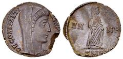 Divus Constantine I AE Nummus, Nicomedia Divus Constantine I (died 337). AE Nummus (15 mm, 0.90 g), Nicomedia, 342-348. Obv. DV CONSTANTINVS PT AVGG, Veiled bust to right. Rev. VN - MR, Emperor standi