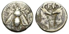 Ephesos AR Diobol, c. 380-340 BC Ionia, Ephesos. AR Diobol (10 mm, 1.05 g), c. 380-340 BC. Obv. Bee, E-Φ in fields. Rev. Foreparts of stags facing each other; EΦ above. SNG Aulock 1835; Klein KM, p. 5