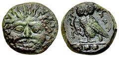 Kamarina AE Tetras, c. 420-405 BC Sicily, Kamarina. AE Tetras (14 mm, 2.99 g), c. 420-405 BC. Obv. Facing gorgoneion. Rev. KAMA, Owl standing left, holding lizard; three pellets (mark of value) in exe