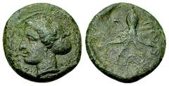 Syracuse AE Tetras, c. 400 BC Sicily, Syracuse. Dionysios I (405-367 BC). AE Tetras (14 mm, 2.47 g), c. 400. Obv. Head of Arethusa to left, hair in sphendone. Rev. Octopus. CNS 14; SNG ANS 389. Green 