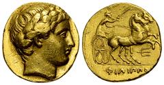 Philip II AV Stater, Pella Kings of Macedon. Philip II (359-336 BC). AV Stater (17 mm, 8.59 g), Pella, c. 340-328 BC. Obv. Laureate head of Apollo to right. Rev. ΦΙΛΙΠΠΟΥ, Prancing biga right driven b