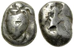 Aegina AR Stater, c. 525-475 BC Aegina, Island off Attica. AR Stater (15-19 mm, 12.25 g), c. 525-475 BC. Obv. Sea turtle. Rev. Square incuse with windmill pattern. SNG Cop. 502. Countermark on obverse
