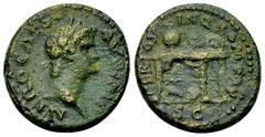 Nero AE Semis, 64 AD Nero (54-68). AE Semis (17 mm, 4.14 g), Rome, AD 64. Obv. NERO CAES AVG IMP, Laureate head to right. Rev. CERT QVINQ ROM CON, Table, seen from front and right, bearing urn on left