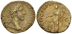 Commodus AE Dupondius, Annona reverse Commodus (177-192 AD). AE Dupondius (23-24 mm, 10.40 g), Rome, Obv. M ANTONINVS COMMODVS AVG, Radiate head to right. Rev. ANN AVG TR P VII IMP IIII COS III P P / 