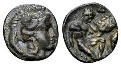 Tarentum AR Diobol, c. 380-325 BC Calabria, Tarentum. AR Diobol (10-11 mm, 1.04 g), c. 380-325 BC. Obv. Head of Athena to right, wearing crested Attic helmet decorated with hippocamp. Rev. Herakles kn