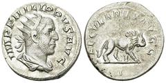 Philippus I AR Antoninianus, Lion reverse Philippus I Arabs (244-249 AD). AR Antoninianus (21 mm, 3.64 g), Rome, 248. Obv. IMP PHILIPPVS AVG, Radiate, draped and cuirassed bust to right. Rev. SAECVLAR