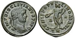 Diocletianus AE Nummus, Trier Diocletianus (284-305 AD). AE Nummus (26 mm, 11.32 g), Trier, c. 298-299. Obv. IMP DIOCLETIANVS P AVG, Laureate head to right. Rev. GENIO POPVLI ROMANI, Genius standing l