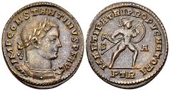 Constantinus I AE Nummus, Mars reverse Constantinus I (306-337 AD). AE Nummus (25-27 mm, 7.12 g). Treveri, c. 307-308 AD. Obv. IMP CONSTANTINVS P F AVG, laureate and cuirassed bust to right. Rev. MART