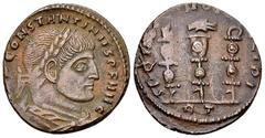 Constantinus I AE Nummus, Aquila/signa reverse Constantinus I (306-337 AD). AE Nummus (20-21 mm, 3.59 g). Rome, 312-313. Obv. IMP CONSTANTINVS P F AVG, Laureate and draped bust to right. Rev. S P Q R 